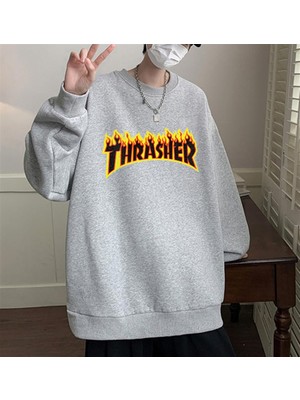 Touz Moda  Thrasher Baskılı Gri Unisex Oversize Bisiklet Yaka Sweatshirt