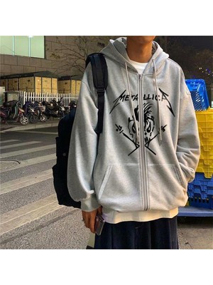 Touz Moda  Metallica Skull Baskılı Oversize Fermuarlı Gri Unisex Kapüşonlu Hırka