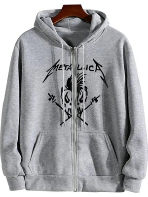 Touz Moda  Metallica Skull Baskılı Oversize Fermuarlı Gri Unisex Kapüşonlu Hırka