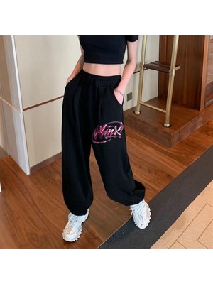 Touz Moda Winx Club Baskılı Oversize Unisex Siyah Eşofman Altı