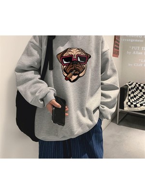 Touz Moda  Bulldog Baskılı Gri Oversize Bisiklet Yaka Sweatshirt