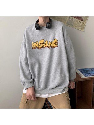 Touz Moda Insane Baskılı Gri Oversize Bisiklet Yaka Sweatshirt