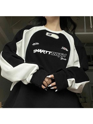 Touz Moda  Y2K Streetwear Smarttooth Baskılı Siyah Unisex Oversize Bisiklet Yaka Sweatshirt