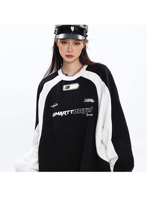 Touz Moda  Y2K Streetwear Smarttooth Baskılı Siyah Unisex Oversize Bisiklet Yaka Sweatshirt