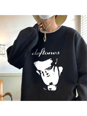 Touz Moda Deftones Baskılı Siyah Oversize Bisiklet Yaka Sweatshirt