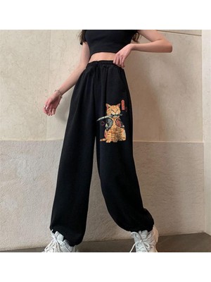 Touz Moda Killer Cat Baskılı Oversize Unisex Siyah Eşofman Altı