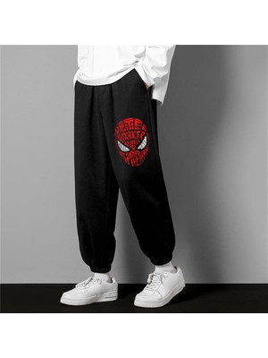 Touz Moda Spider-Man Head Baskılı Oversize Unisex Siyah Eşofman Altı