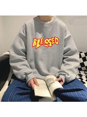 Touz Moda Blessed Baskılı Gri Oversize Bisiklet Yaka Sweatshirt