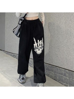 Touz Moda Gothic Skull Hand Baskılı Oversize Unisex Siyah Eşofman Altı