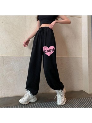 Touz Moda K-Pop Serisi Blackpink Heart Baskılı Oversize Unisex Siyah Eşofman Altı