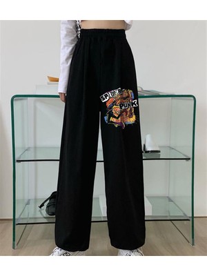 Touz Moda Spider Punk Baskılı Oversize Unisex Siyah Eşofman Altı