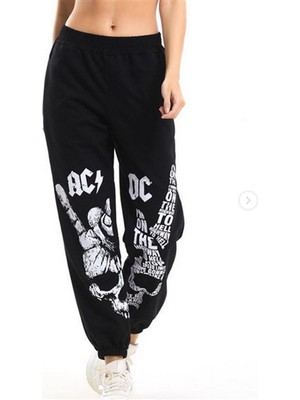 Touz Moda Rock Serisi AC/DC Baskılı Oversize Unisex Siyah Eşofman Altı