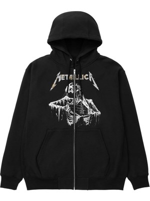 Touz Moda  Metallica Skeleton Baskılı Oversize Fermuarlı Siyah Unisex Kapüşonlu Hırka