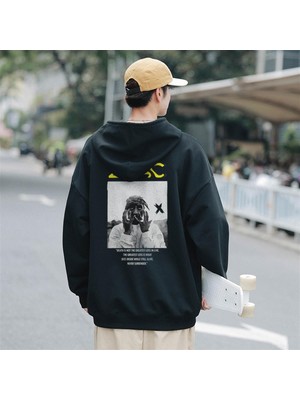 Touz Moda 2Pac Baskılı Siyah Oversize Kapüşonlu Sweatshirt