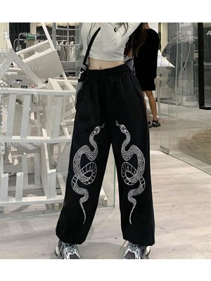 Touz Moda Gothic Snake Baskılı Oversize Unisex Siyah Eşofman Altı