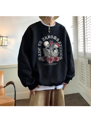 Touz Moda  Skulls In Love Baskılı Siyah Unisex Oversize Bisiklet Yaka Sweatshirt