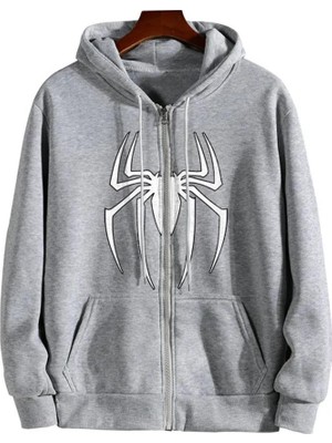 Touz Moda  Spider Baskılı Oversize Fermuarlı Gri Unisex Kapüşonlu Hırka