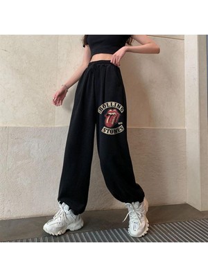 Touz Moda Rock Serisi Rolling Stones Vintage Baskılı Oversize Unisex Siyah Eşofman Altı