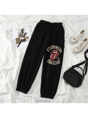 Touz Moda Rock Serisi Rolling Stones Vintage Baskılı Oversize Unisex Siyah Eşofman Altı