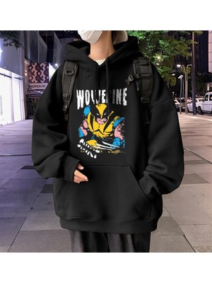 Touz Moda  Wolverine Baskılı Siyah Unisex Oversize Kapüşonlu Sweatshirt