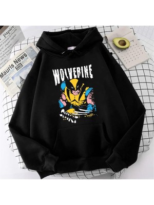 Touz Moda  Wolverine Baskılı Siyah Unisex Oversize Kapüşonlu Sweatshirt