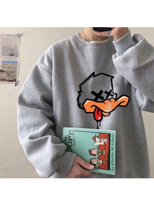 Touz Moda  Tired Duck Baskılı Gri Unisex Oversize Bisiklet Yaka Sweatshirt