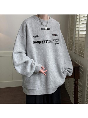 Touz Moda Smarttooth Baskılı Gri Oversize Bisiklet Yaka Sweatshirt