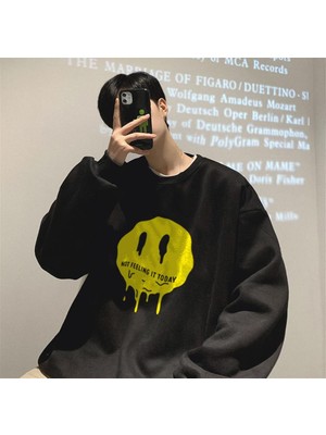 Touz Moda Not Feeling It Today Baskılı Siyah Oversize Bisiklet Yaka Sweatshirt