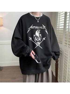 Touz Moda  Metallica Skull Baskılı Siyah Unisex Oversize Bisiklet Yaka Sweatshirt