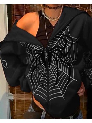 Touz Moda Allover Spider Web Kapüşonlu Fermuarlı Oversize Siyah Hırka