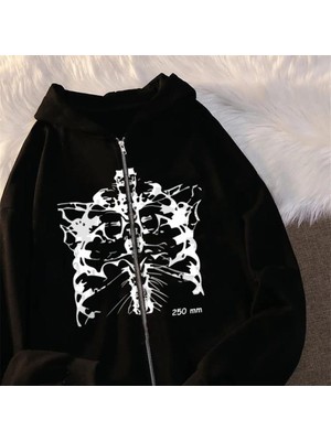 Touz Moda  Aesthetic Skeleton Baskılı Oversize Fermuarlı Siyah Unisex Kapüşonlu Hırka