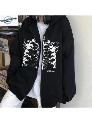 Touz Moda  Aesthetic Skeleton Baskılı Oversize Fermuarlı Siyah Unisex Kapüşonlu Hırka