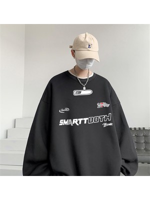 Touz Moda Smarttooth Baskılı Siyah Oversize Bisiklet Yaka Sweatshirt