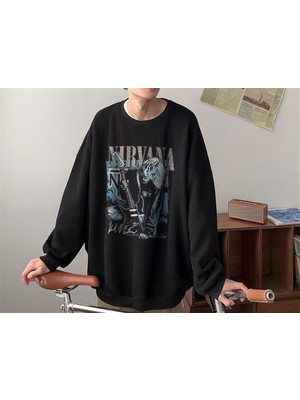 Touz Moda Nirvana Poster Baskılı Siyah Oversize Bisiklet Yaka Sweatshirt