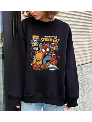 Touz Moda Spider-Cat Baskılı Siyah Oversize Bisiklet Yaka Sweatshirt