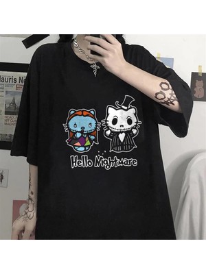 Touz Moda Halloween Hello Nightmare Baskılı Siyah Oversize T-Shirt