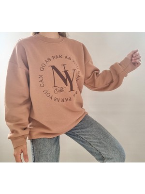 Qu Style  Nakış Desenli,oversize,bisiklet Yaka Spor Şık ,3 Iplik Şardonlu , Kadın Sweatshirt