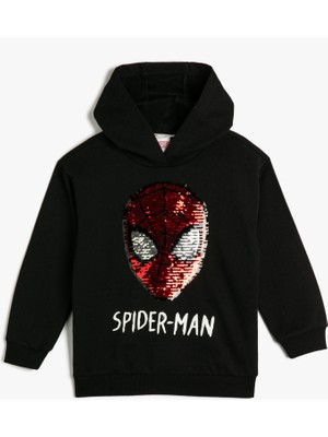 Koton Spiderman Kapşonlu Sweatshirt Lisanslı Uzun Kollu Pullu Payetli Şardonlu