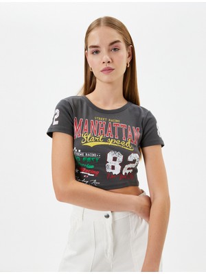 Koton Crop Kolej Tişört Kısa Kollu Bisiklet Yaka Pamuklu