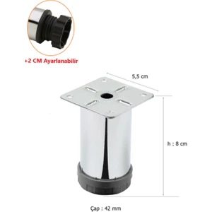 ŞENEL Yapı Market 8 cm Metal Mobilya Kanepe Baza Koltuk Metal Destek Ayağı Ayarlanabilir Krom Ayak 42 mm
