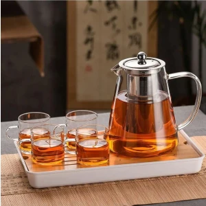 Borosilikat Cam Çelik Süzgeçli ve Kapaklı Oval Tasarım Lüks Çay & Kahve Demliği 750 ml