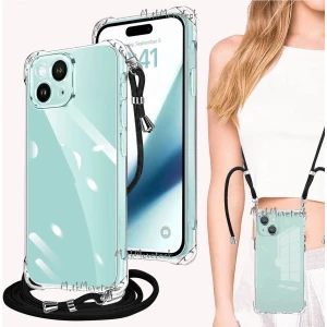 M.TK Moveteck Iphone 15 Plus Kılıf Köşe Korumalı Şeffaf Silikon Boyun ve Omuz Askılı Ipli Telefon Çantası Ipili Kılıf