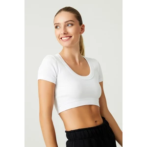 Los Ojos x Melodi Beyaz Pamuklu Fitilli Crop T-Shirt Short Sleeve
