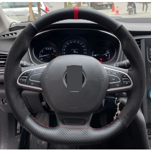 M&R Otokilif Aksesuar Renault Megane 2 Özel Kombin Süet Karbon Kırmızı Yüzüklü Dikmeli Deri Direksiyon Kılıfı