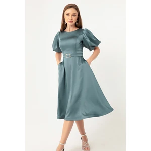 Kadın Firuze Balon Kollu Taşlı Kemerli Mini Saten Abiye Elbise