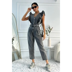 Kadın Fırfır Detaylı Kolsuz Mom Kalıp Denim Tulum