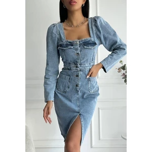Kadın Yırtmaç Detaylı Uzun Kollu Denim Midi Mavi Elbise
