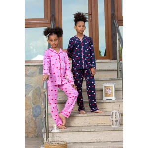 Kız Çocuk Uzun Kollu Düğmeli Pijama Takımı Kırmızı Kalpli Pembe