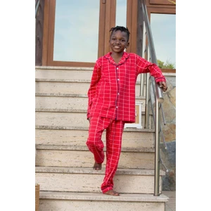 Erkek Çocuk Uzun Kollu Düğmeli Pijama Takımı Mia Kareli Kırmızı