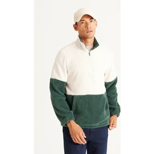 Altınyıldız Classics Erkek Tas-koyu Yesıl Standart Fit Dik Bato Yaka Kanguru Cepli Çift Renkli Sherpa Polar Sweatshirt